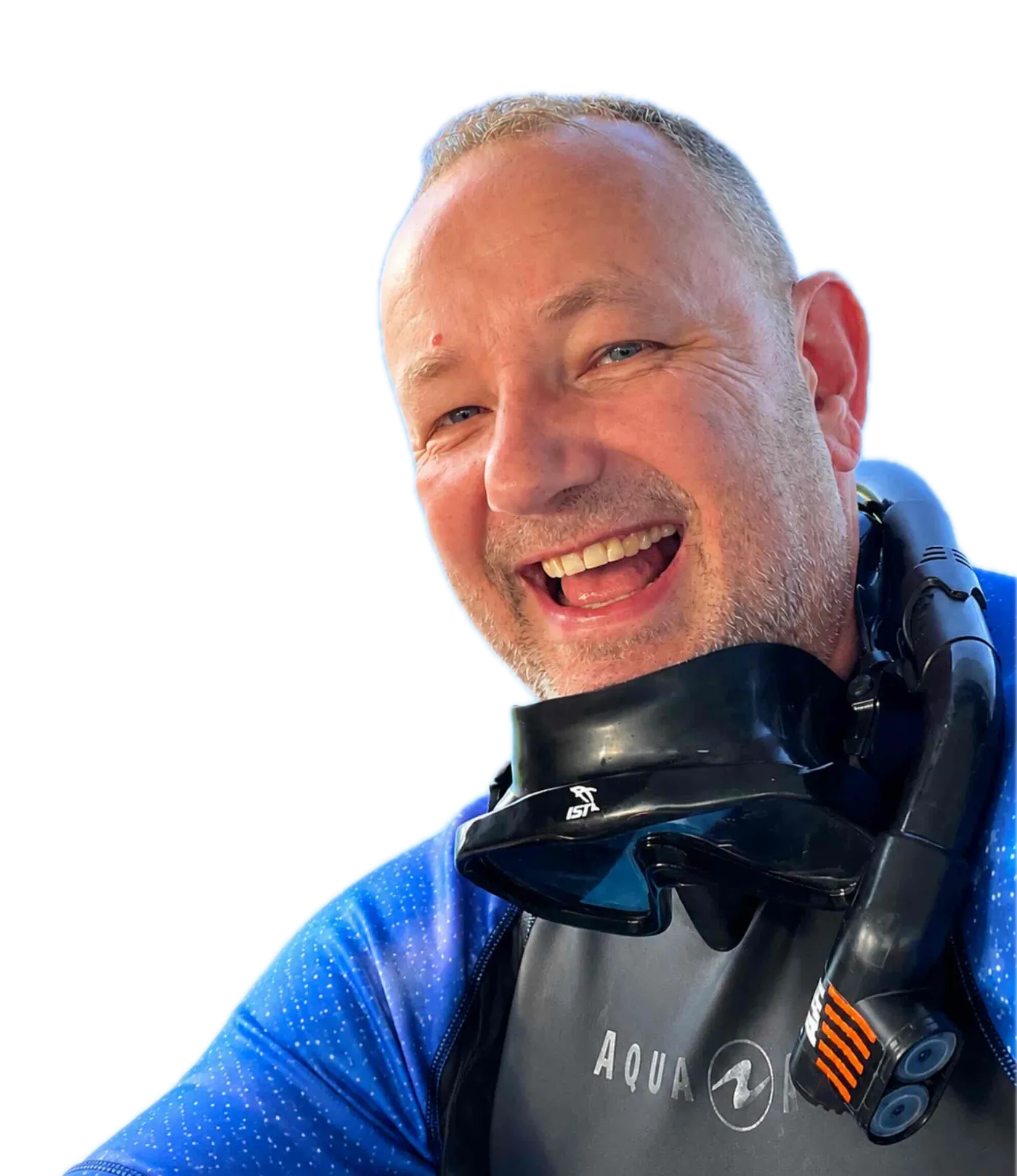 Toddy lacht in die Kamera, Tauchmaske und Schnorchel um den Hals